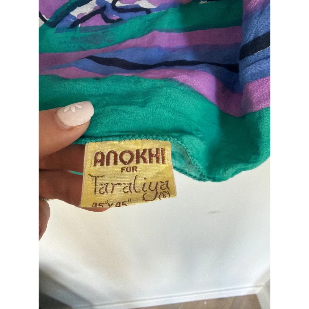 Anokhi for Taraliya Cotton Bloc Print Scarf Teal Purple Pink Beaded Fringe 45x45